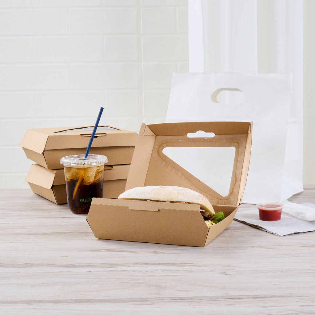 Eco Tek Rectangle Kraft Paper Corrugated Clamshell Container - with PLA Window - 7 3/4" x 6" x 2 3/4" - 100 count box