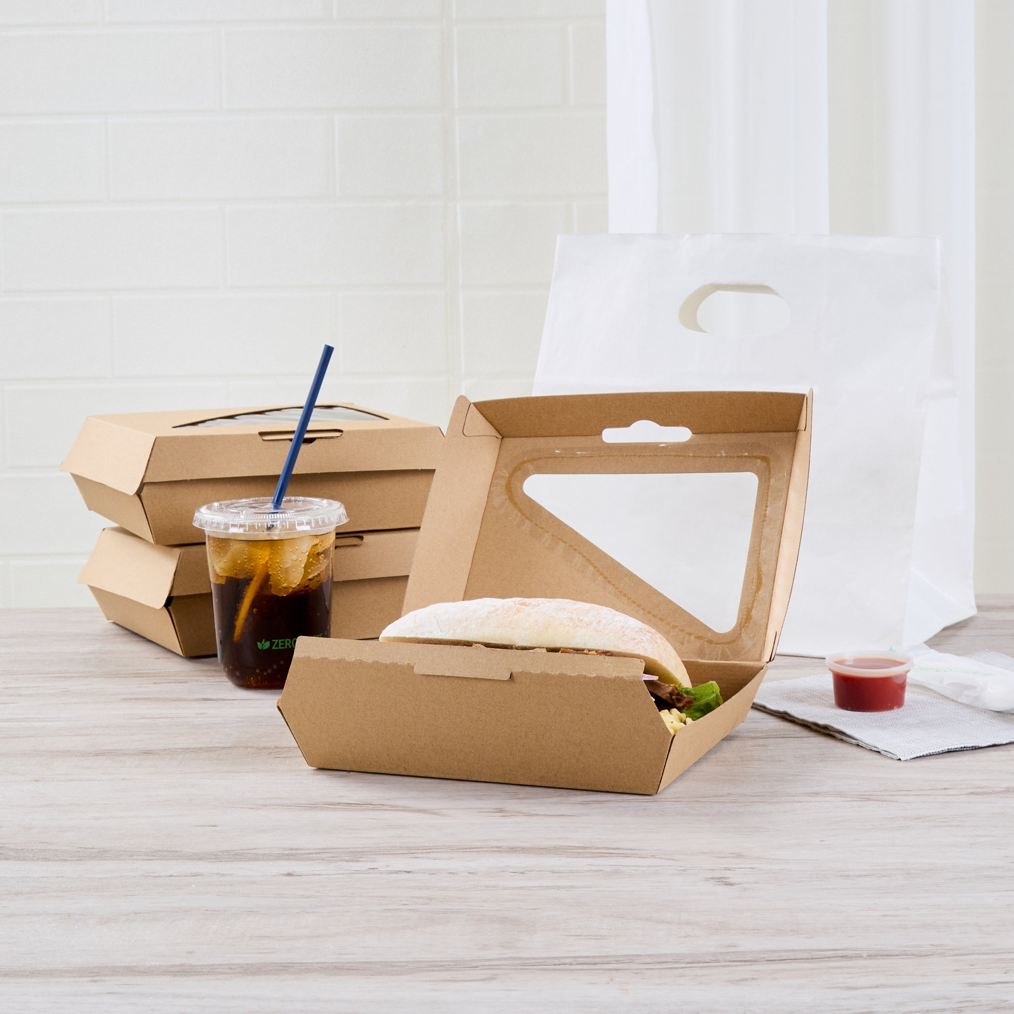 Eco Tek Rectangle Kraft Paper Corrugated Clamshell Container - with PLA Window - 7 3/4" x 6" x 2 3/4" - 100 count box