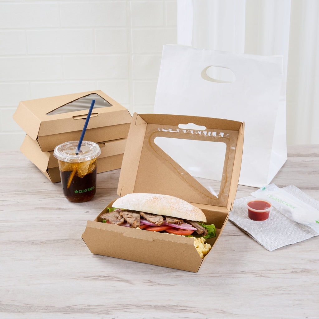 Eco Tek Rectangle Kraft Paper Corrugated Clamshell Container - with PLA Window - 7 3/4" x 6" x 2 3/4" - 100 count box