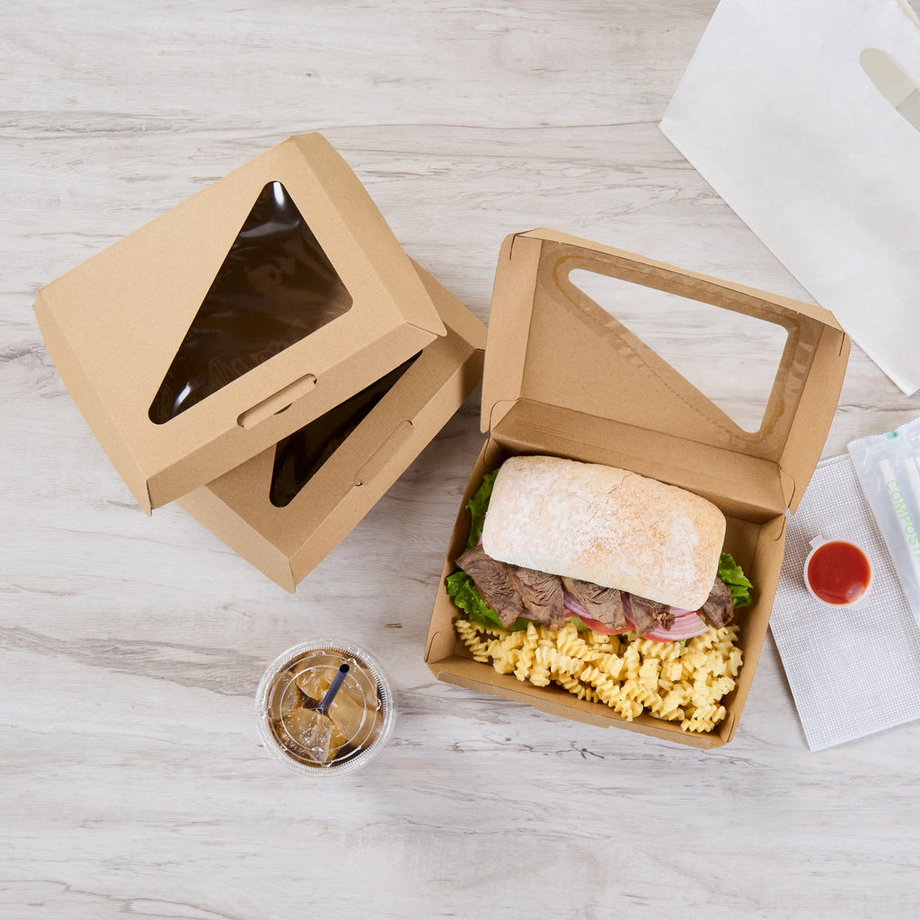 Eco Tek Rectangle Kraft Paper Corrugated Clamshell Container - with PLA Window - 7 3/4" x 6" x 2 3/4" - 100 count box