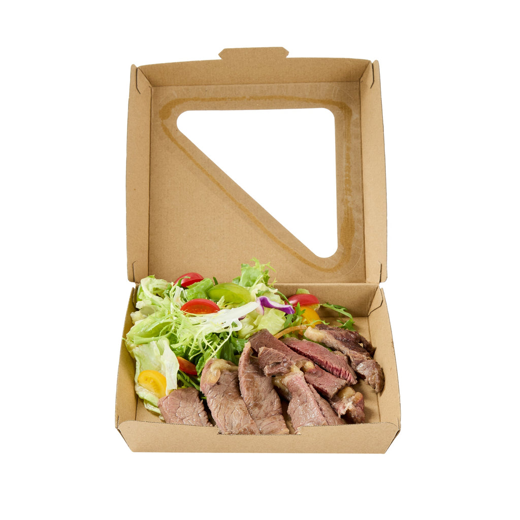 Eco Tek Square Kraft Paper Corrugated Clamshell Container - with PLA Window - 6 1/2" x 6 1/2" x 2" - 100 count box