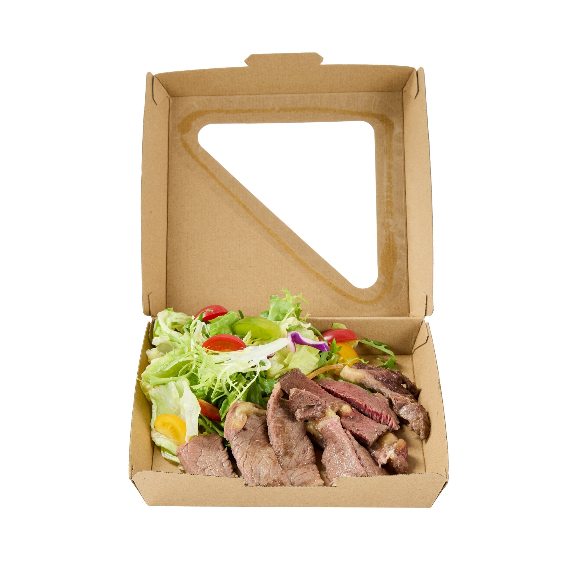 Eco Tek Square Kraft Paper Corrugated Clamshell Container - with PLA Window - 6 1/2" x 6 1/2" x 2" - 100 count box