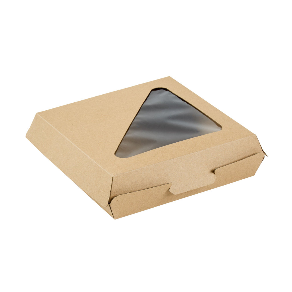Eco Tek Square Kraft Paper Corrugated Clamshell Container - with PLA Window - 6 1/2" x 6 1/2" x 2" - 100 count box