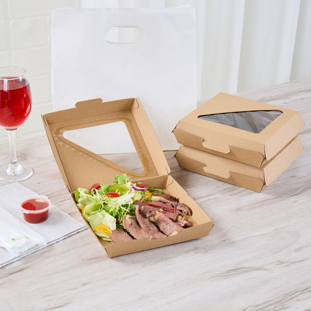 Eco Tek Square Kraft Paper Corrugated Clamshell Container - with PLA Window - 6 1/2" x 6 1/2" x 2" - 100 count box