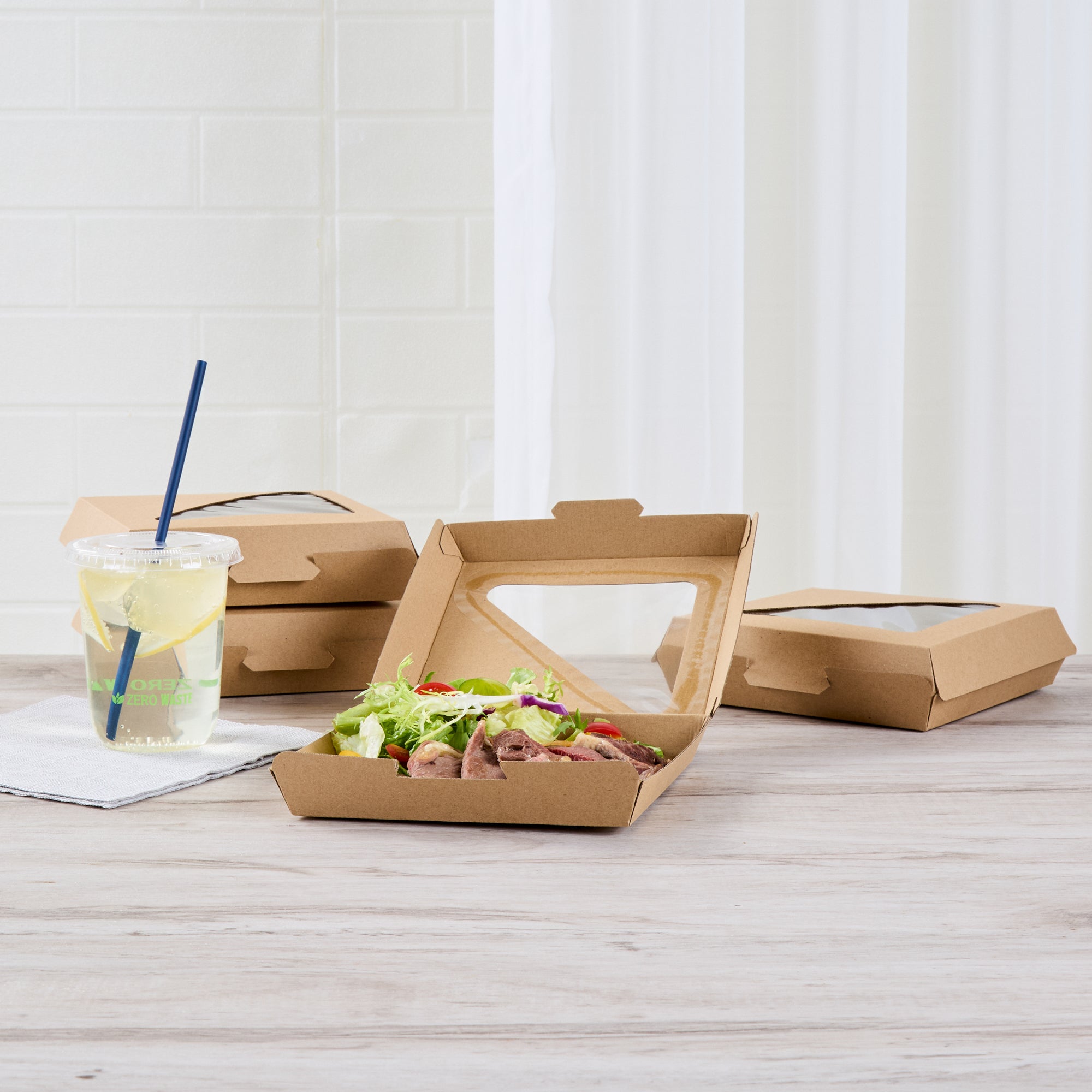 Eco Tek Square Kraft Paper Corrugated Clamshell Container - with PLA Window - 6 1/2" x 6 1/2" x 2" - 100 count box