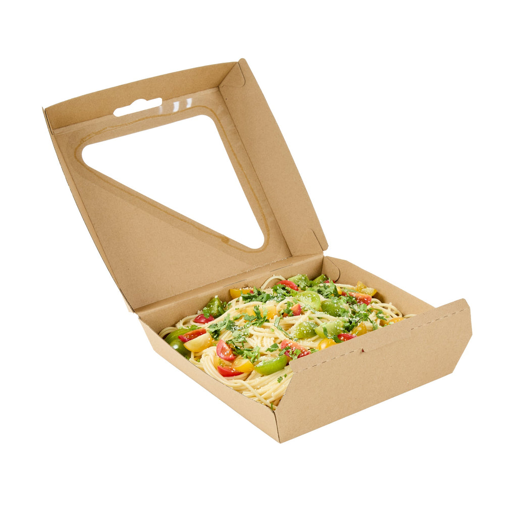 Eco Tek Rectangle Kraft Paper Corrugated Clamshell Container - with PLA Window - 8" x 8" x 3 1/4" - 100 count box