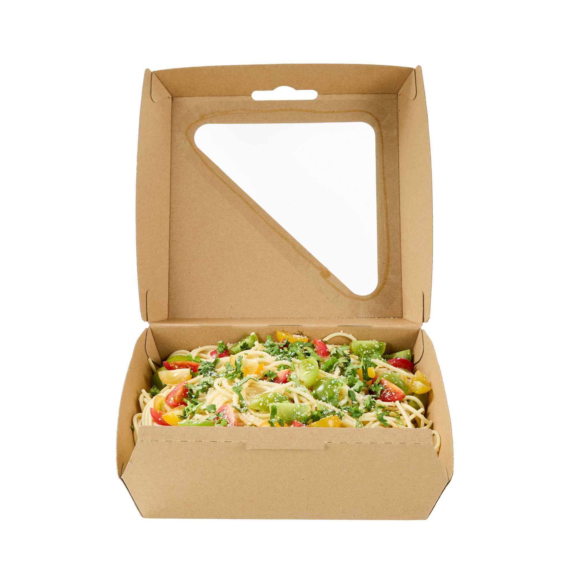 Eco Tek Rectangle Kraft Paper Corrugated Clamshell Container - with PLA Window - 8" x 8" x 3 1/4" - 50 count box