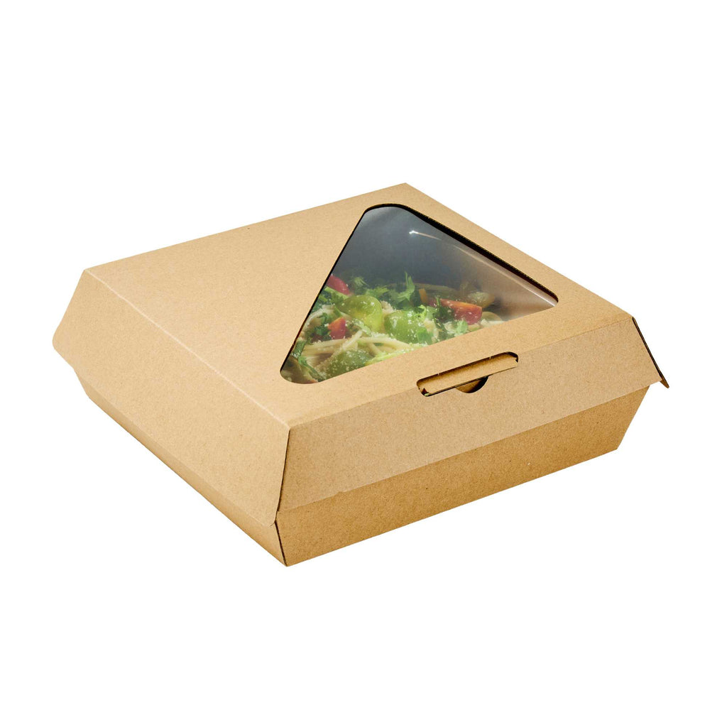 Eco Tek Rectangle Kraft Paper Corrugated Clamshell Container - with PLA Window - 8" x 8" x 3 1/4" - 50 count box