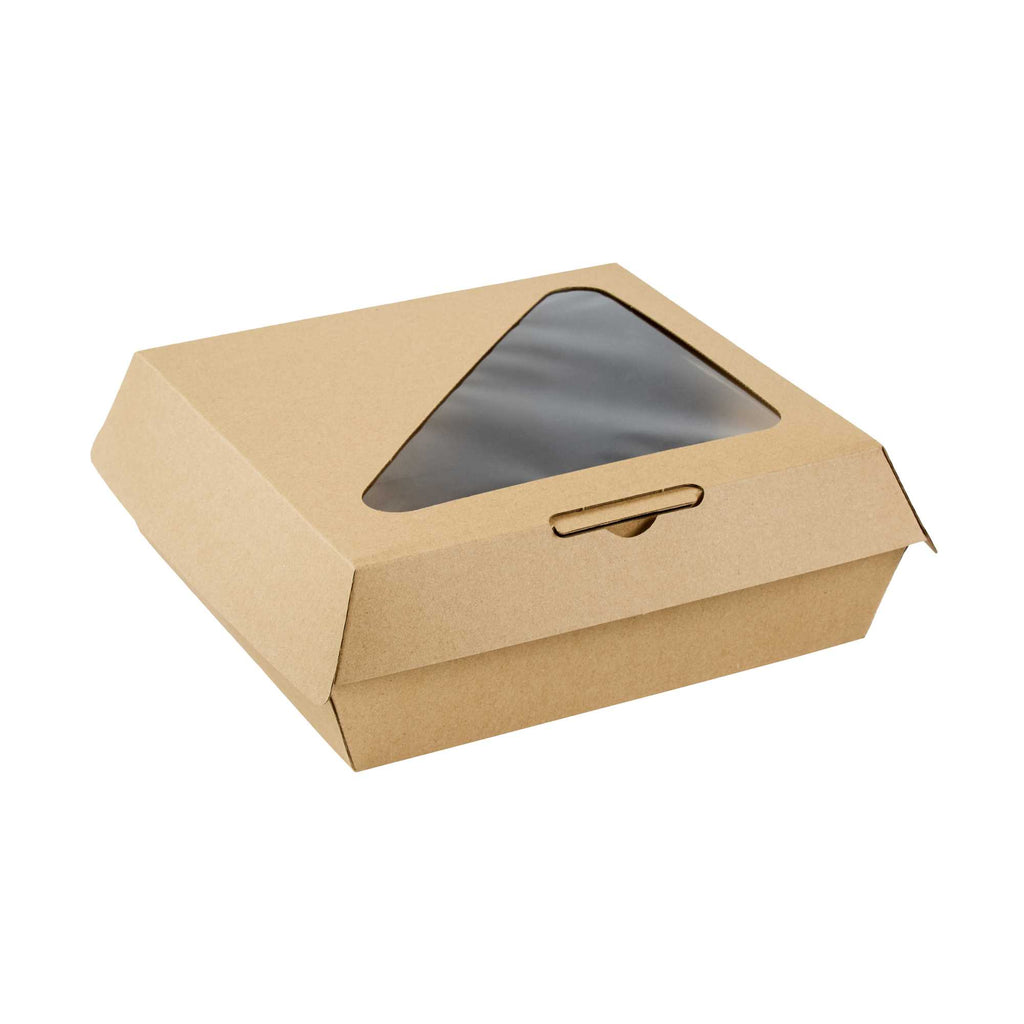 Eco Tek Rectangle Kraft Paper Corrugated Clamshell Container - with PLA Window - 8" x 8" x 3 1/4" - 50 count box