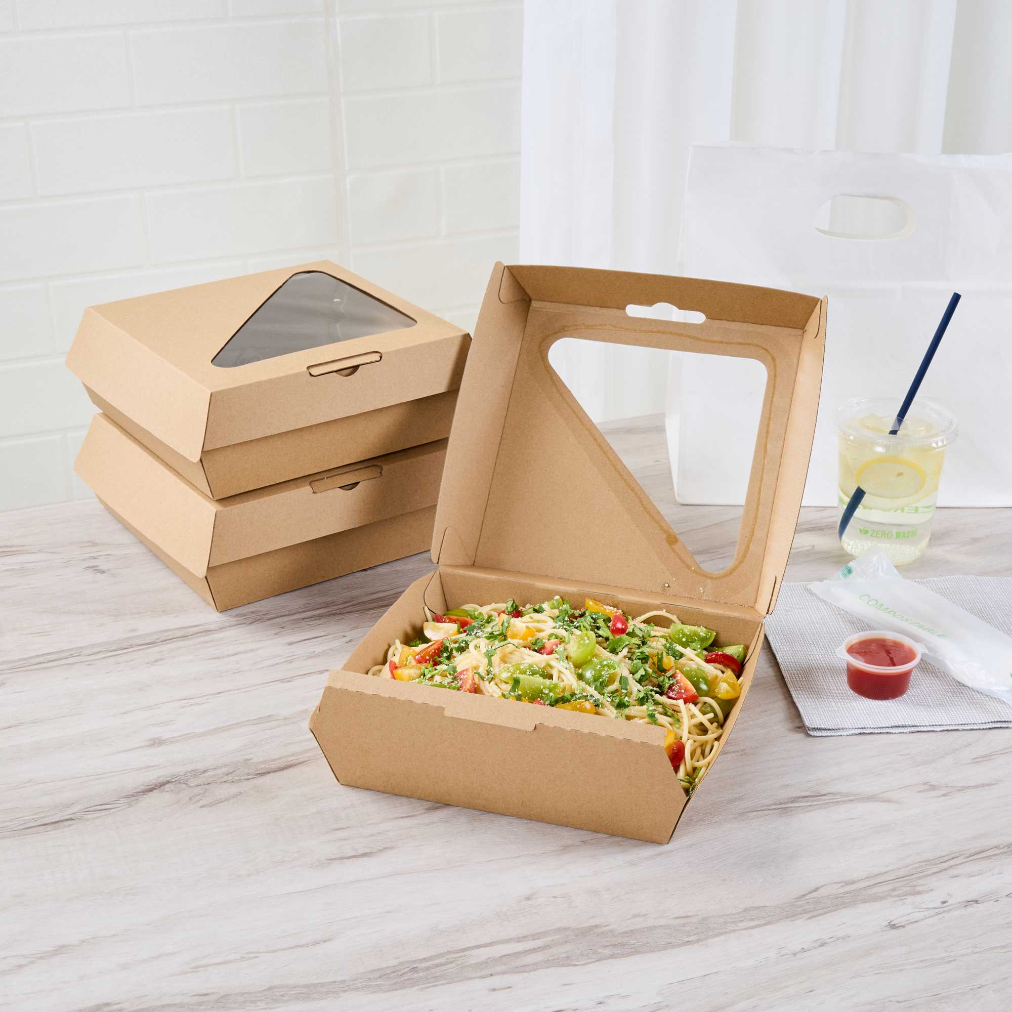 Eco Tek Rectangle Kraft Paper Corrugated Clamshell Container - with PLA Window - 8" x 8" x 3 1/4" - 50 count box