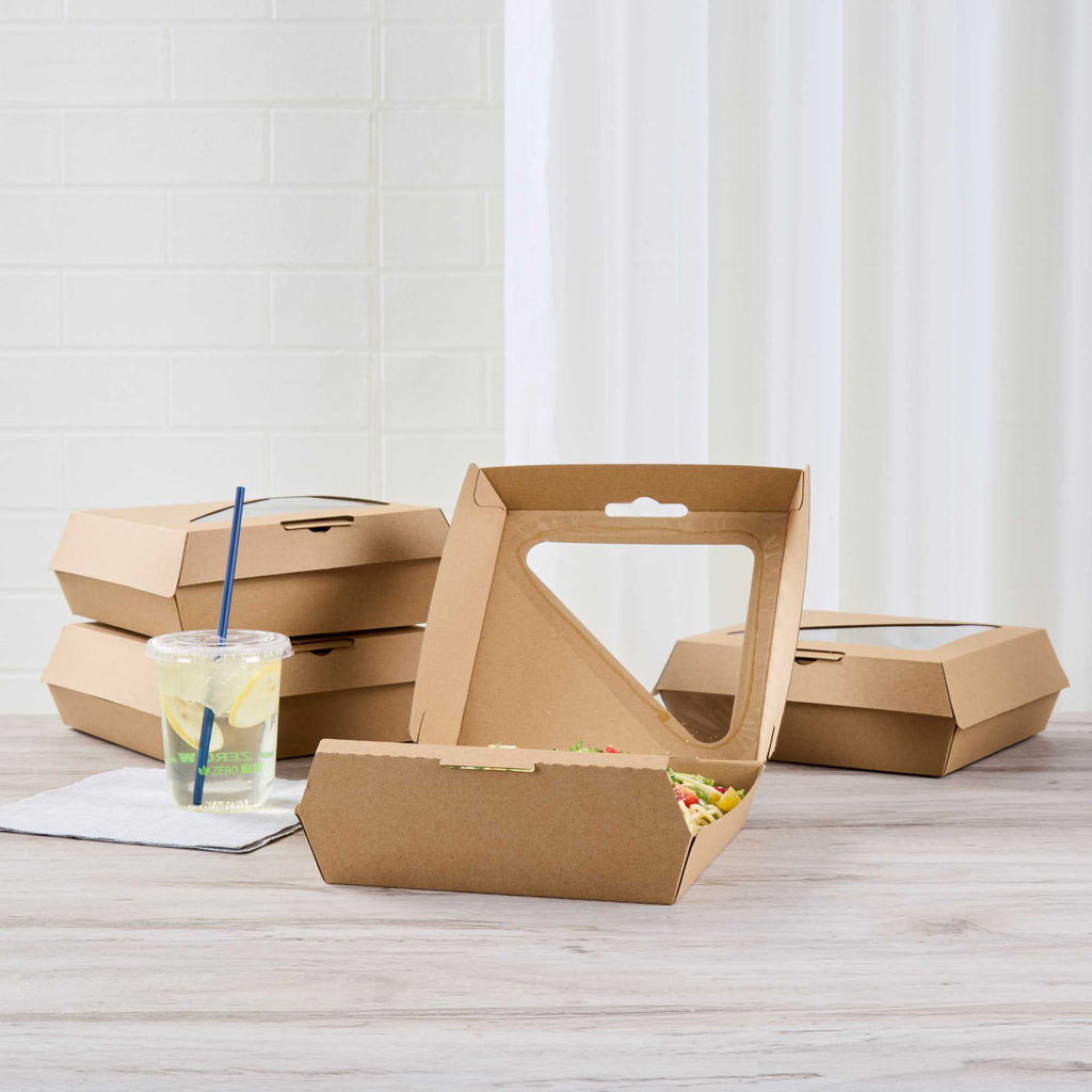 Eco Tek Rectangle Kraft Paper Corrugated Clamshell Container - with PLA Window - 8" x 8" x 3 1/4" - 50 count box
