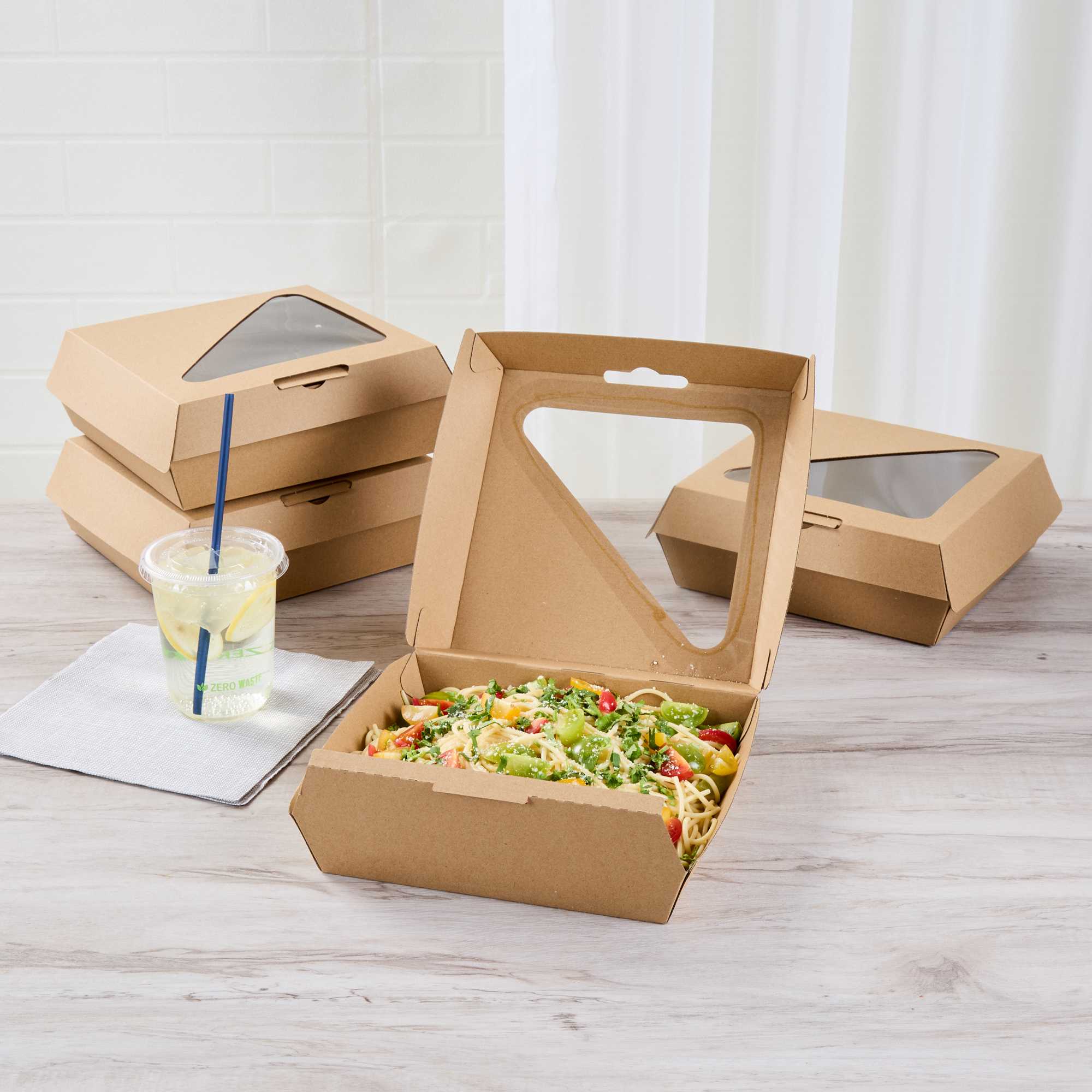 Eco Tek Rectangle Kraft Paper Corrugated Clamshell Container - with PLA Window - 8" x 8" x 3 1/4" - 50 count box