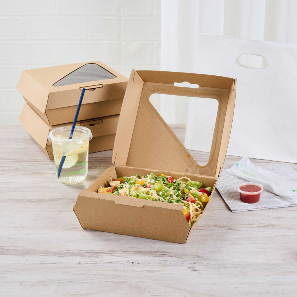 Eco Tek Rectangle Kraft Paper Corrugated Clamshell Container - with PLA Window - 8" x 8" x 3 1/4" - 50 count box