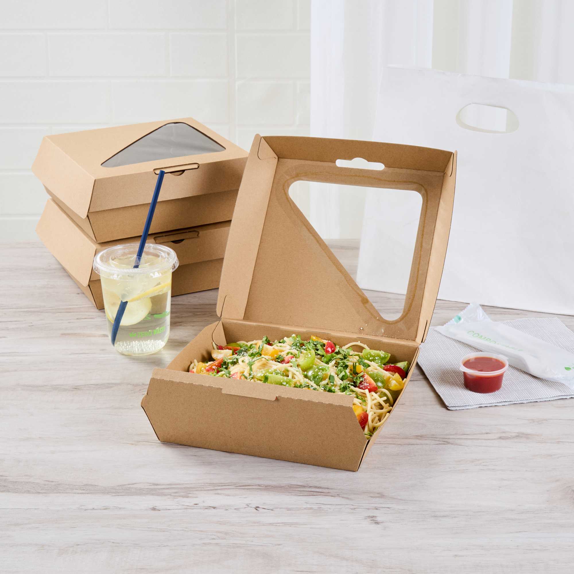 Eco Tek Rectangle Kraft Paper Corrugated Clamshell Container - with PLA Window - 8" x 8" x 3 1/4" - 50 count box
