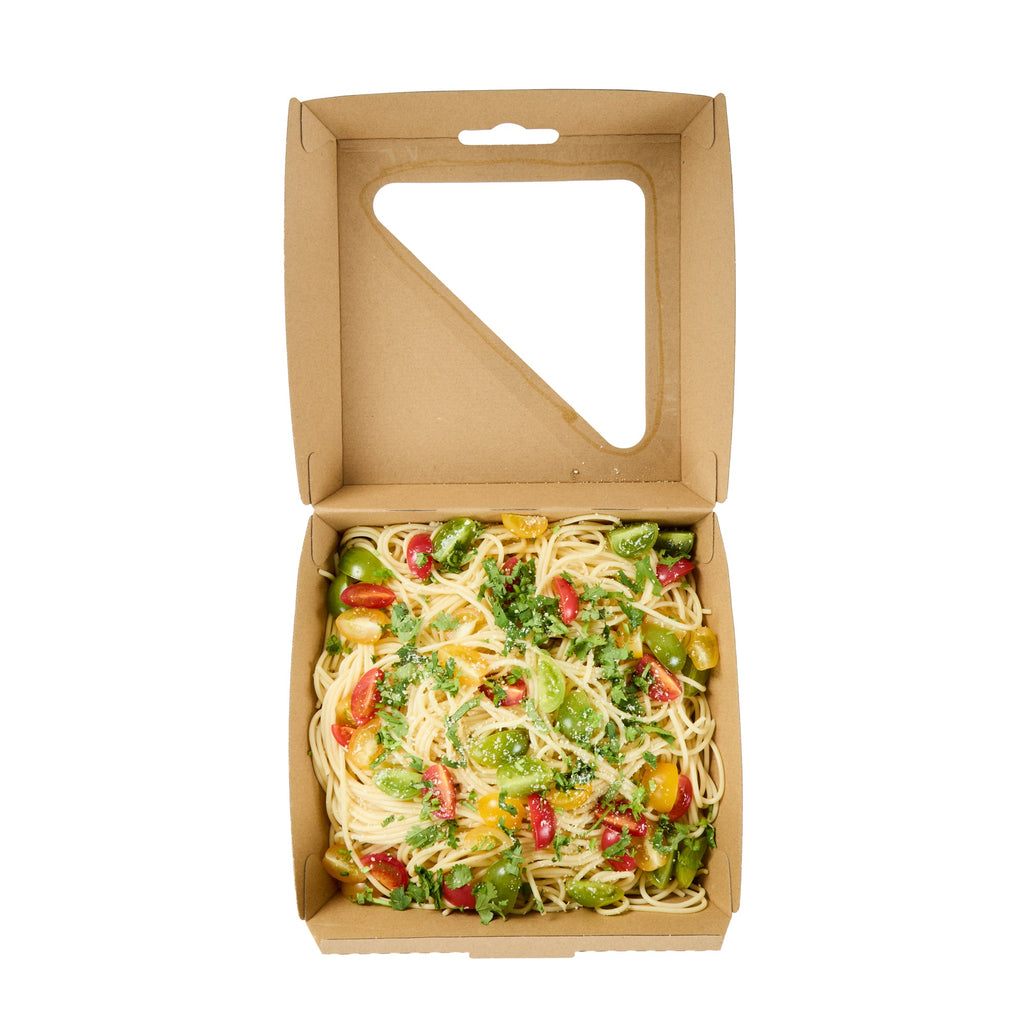 Eco Tek Rectangle Kraft Paper Corrugated Clamshell Container - with PLA Window - 8" x 8" x 3 1/4" - 100 count box
