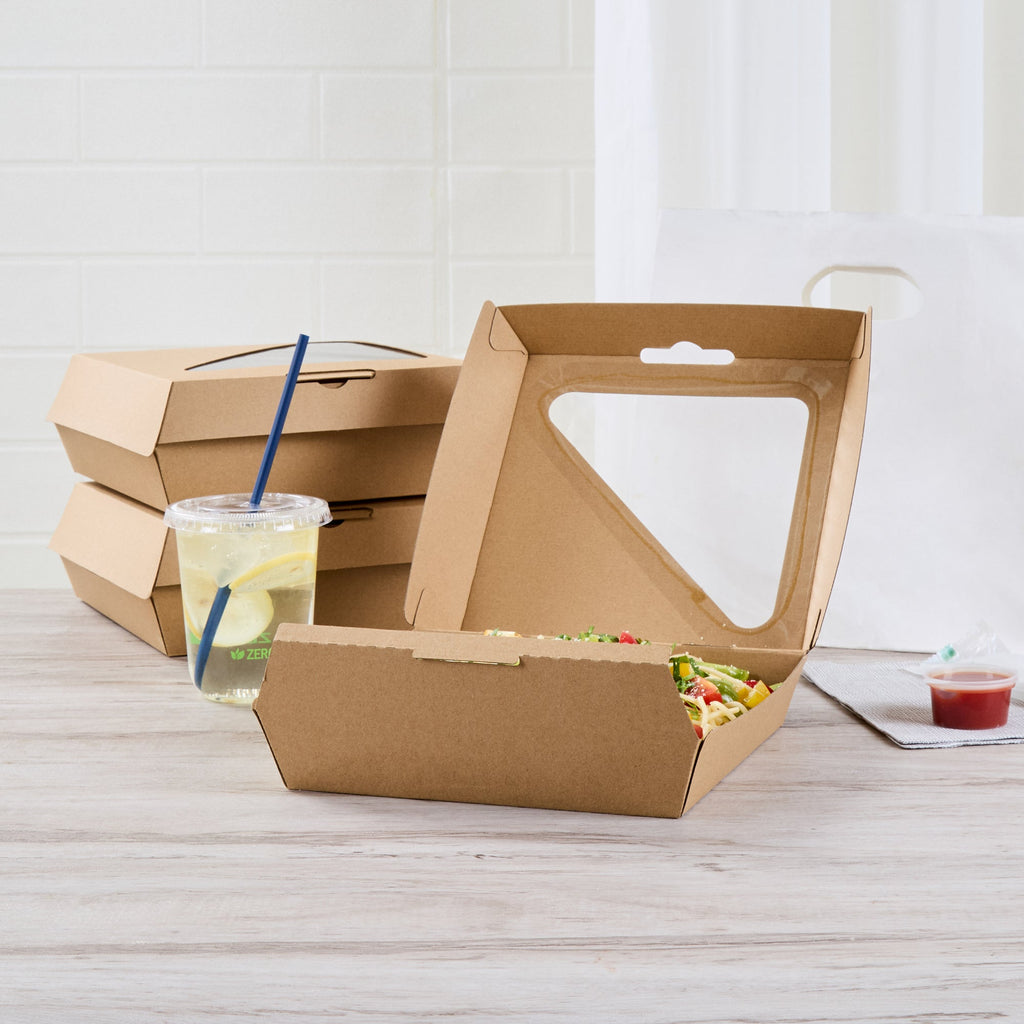 Eco Tek Rectangle Kraft Paper Corrugated Clamshell Container - with PLA Window - 8" x 8" x 3 1/4" - 100 count box
