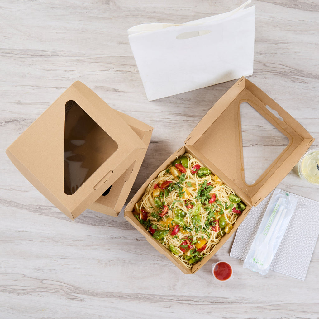Eco Tek Rectangle Kraft Paper Corrugated Clamshell Container - with PLA Window - 8" x 8" x 3 1/4" - 100 count box