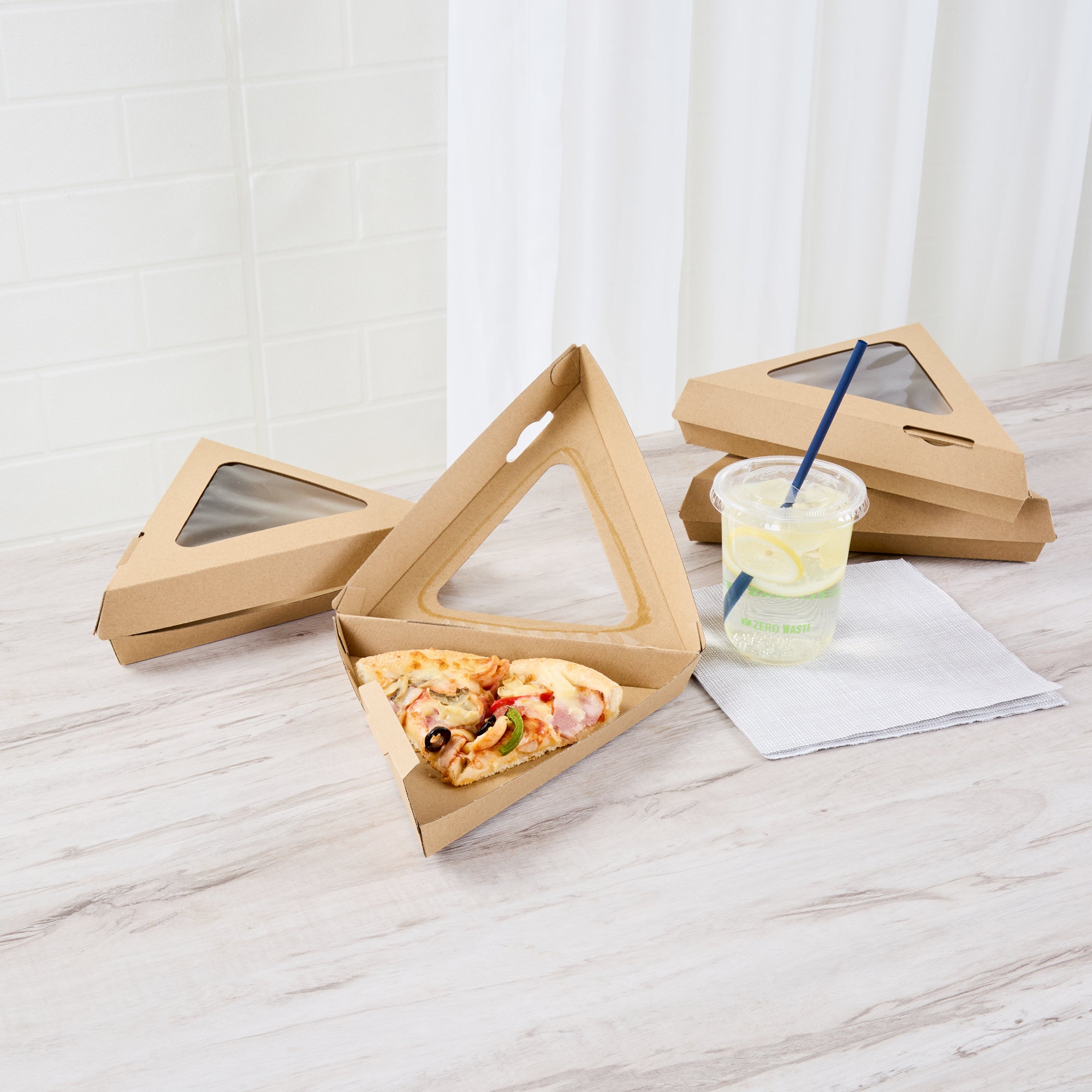 Eco Tek Kraft Paper Corrugated Pizza Slice Box - Clamshell, with PLA Window - 8 1/4" x 9 1/4" x 2" - 100 count box