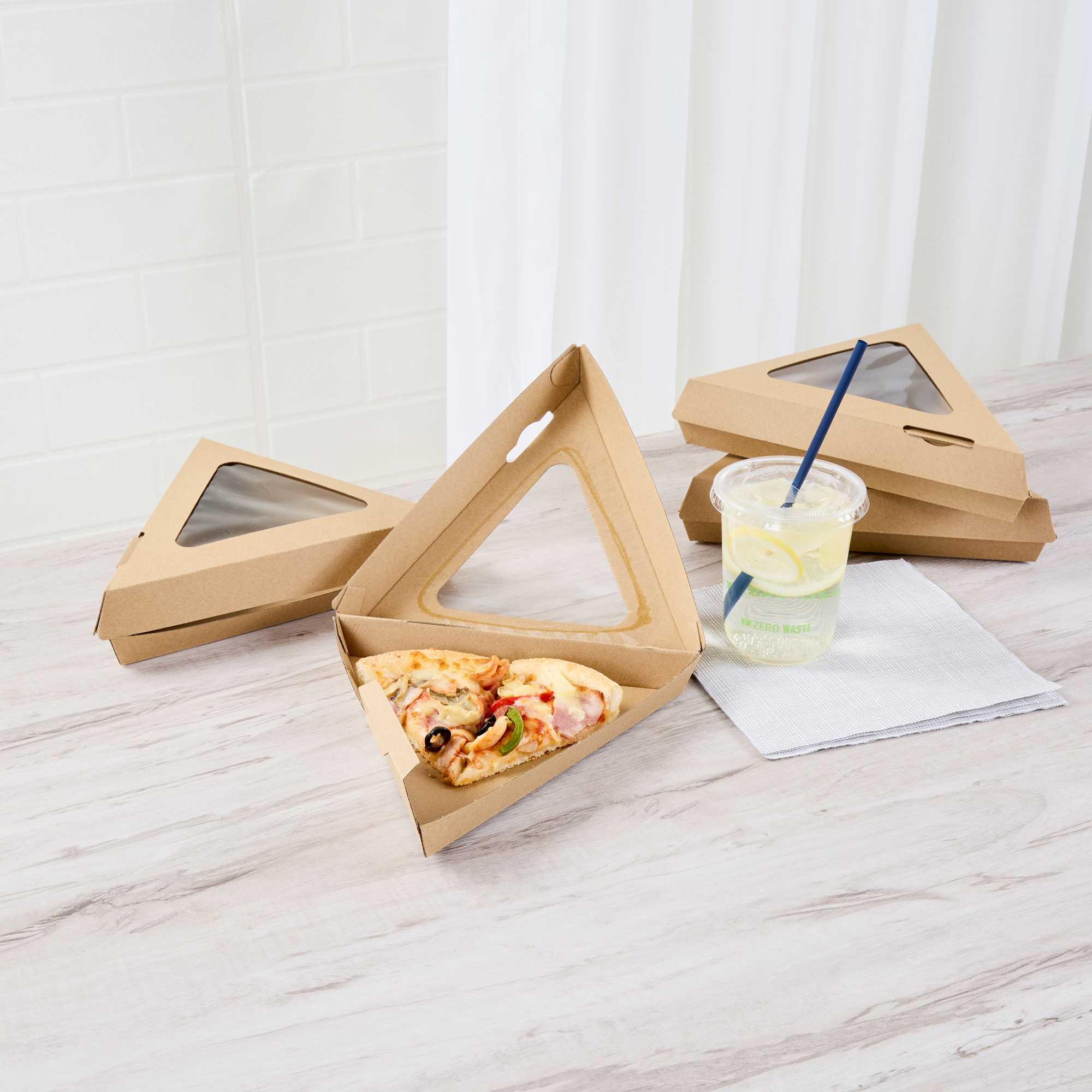 Eco Tek Kraft Paper Corrugated Pizza Slice Box - Clamshell, with PLA Window - 8 1/4" x 9 1/4" x 2" - 50 count box
