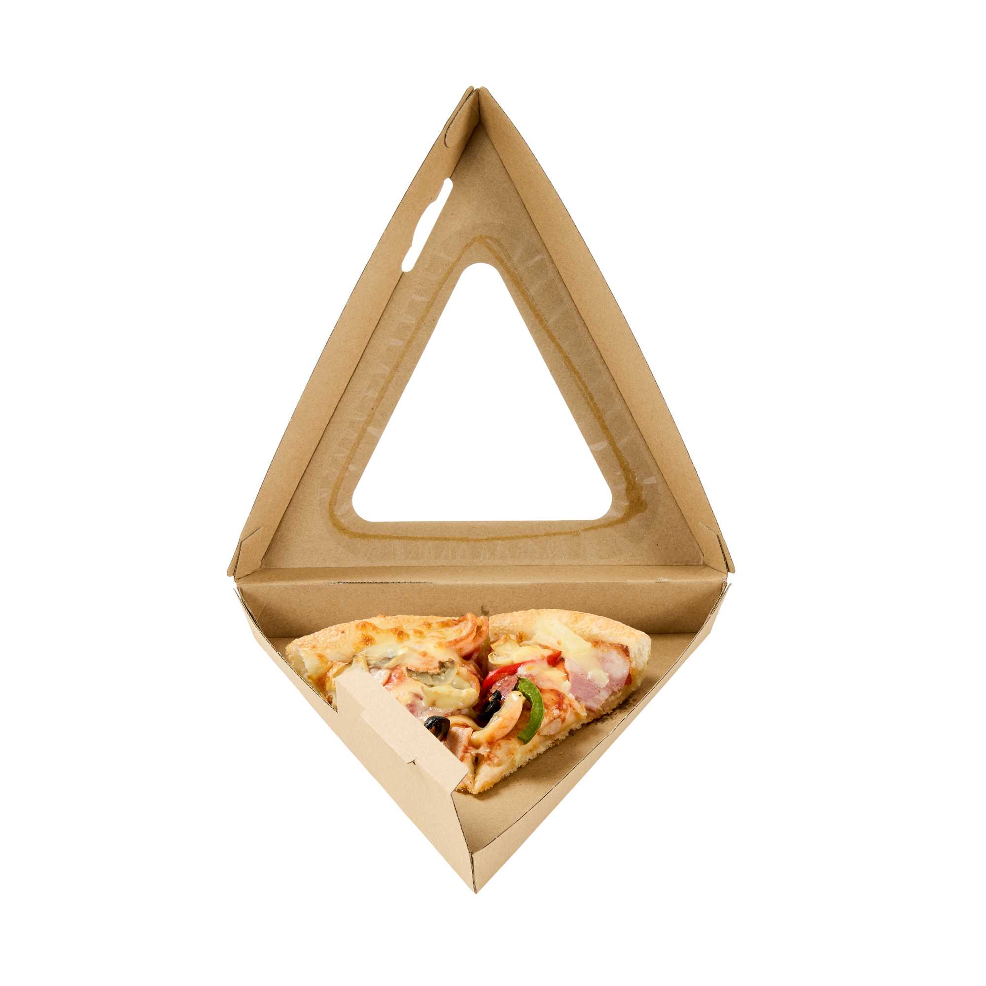Eco Tek Kraft Paper Corrugated Pizza Slice Box - Clamshell, with PLA Window - 8 1/4" x 9 1/4" x 2" - 50 count box