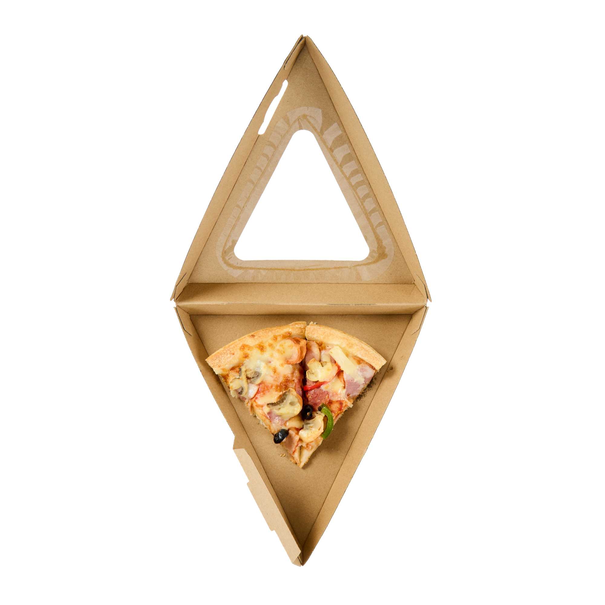 Eco Tek Kraft Paper Corrugated Pizza Slice Box - Clamshell, with PLA Window - 8 1/4" x 9 1/4" x 2" - 50 count box