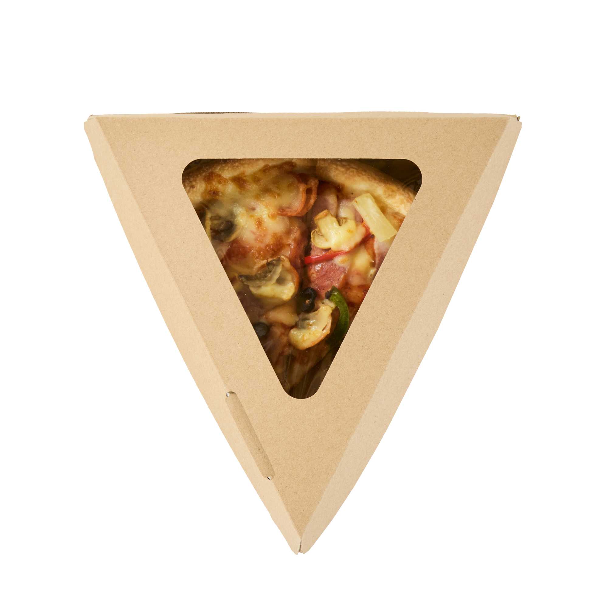 Eco Tek Kraft Paper Corrugated Pizza Slice Box - Clamshell, with PLA Window - 8 1/4" x 9 1/4" x 2" - 50 count box