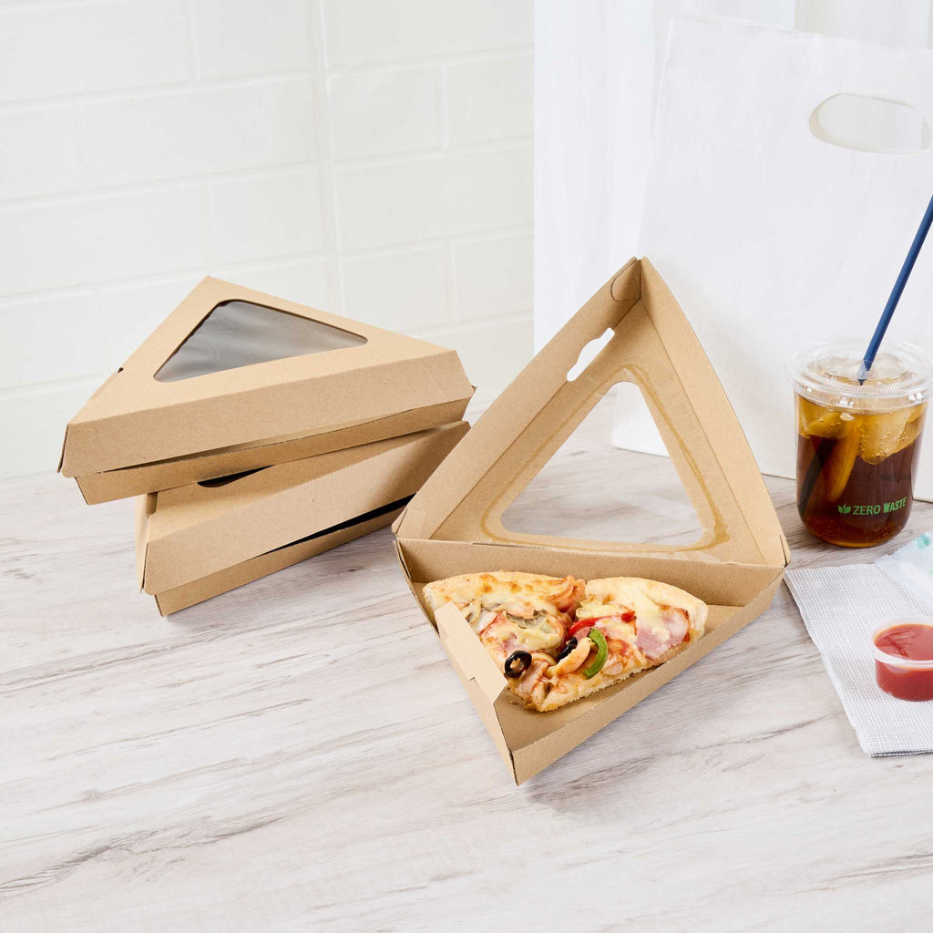 Eco Tek Kraft Paper Corrugated Pizza Slice Box - Clamshell, with PLA Window - 8 1/4" x 9 1/4" x 2" - 50 count box