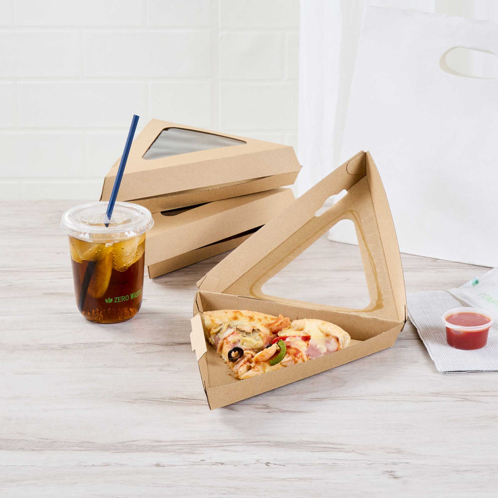 Eco Tek Kraft Paper Corrugated Pizza Slice Box - Clamshell, with PLA Window - 8 1/4" x 9 1/4" x 2" - 50 count box