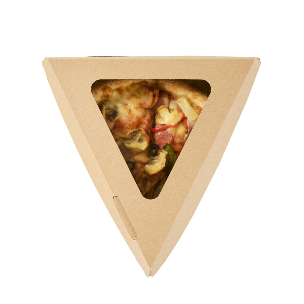 Eco Tek Kraft Paper Corrugated Pizza Slice Box - Clamshell, with PLA Window - 8 1/4" x 9 1/4" x 2" - 100 count box