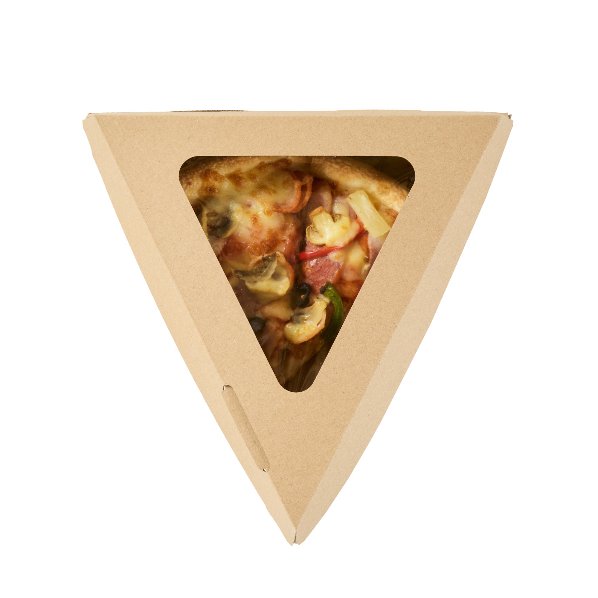 Eco Tek Kraft Paper Corrugated Pizza Slice Box - Clamshell, with PLA Window - 8 1/4" x 9 1/4" x 2" - 100 count box
