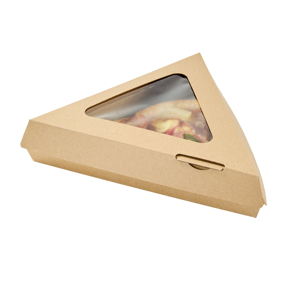 Eco Tek Kraft Paper Corrugated Pizza Slice Box - Clamshell, with PLA Window - 8 1/4" x 9 1/4" x 2" - 100 count box