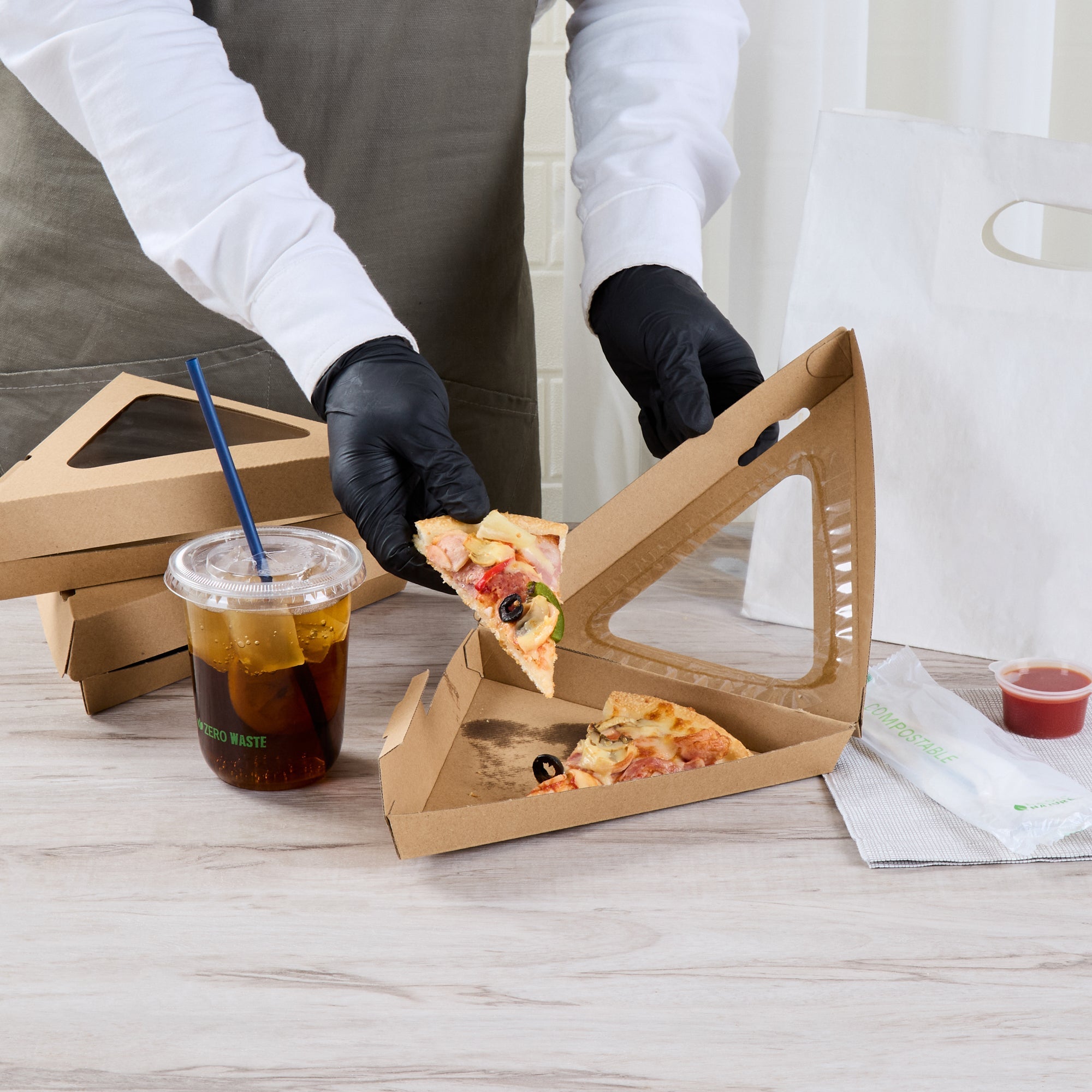 Eco Tek Kraft Paper Corrugated Pizza Slice Box - Clamshell, with PLA Window - 8 1/4" x 9 1/4" x 2" - 100 count box