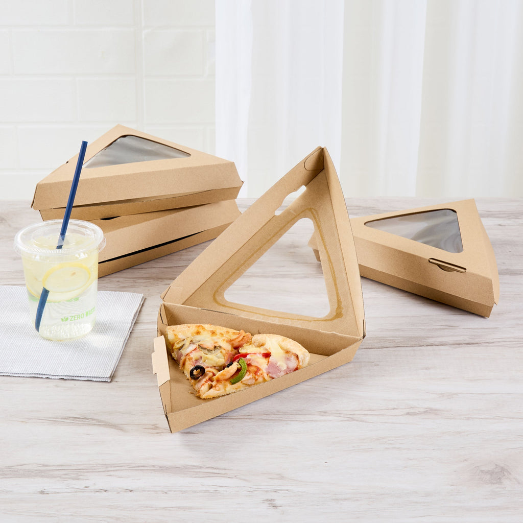 Eco Tek Kraft Paper Corrugated Pizza Slice Box - Clamshell, with PLA Window - 8 1/4" x 9 1/4" x 2" - 100 count box