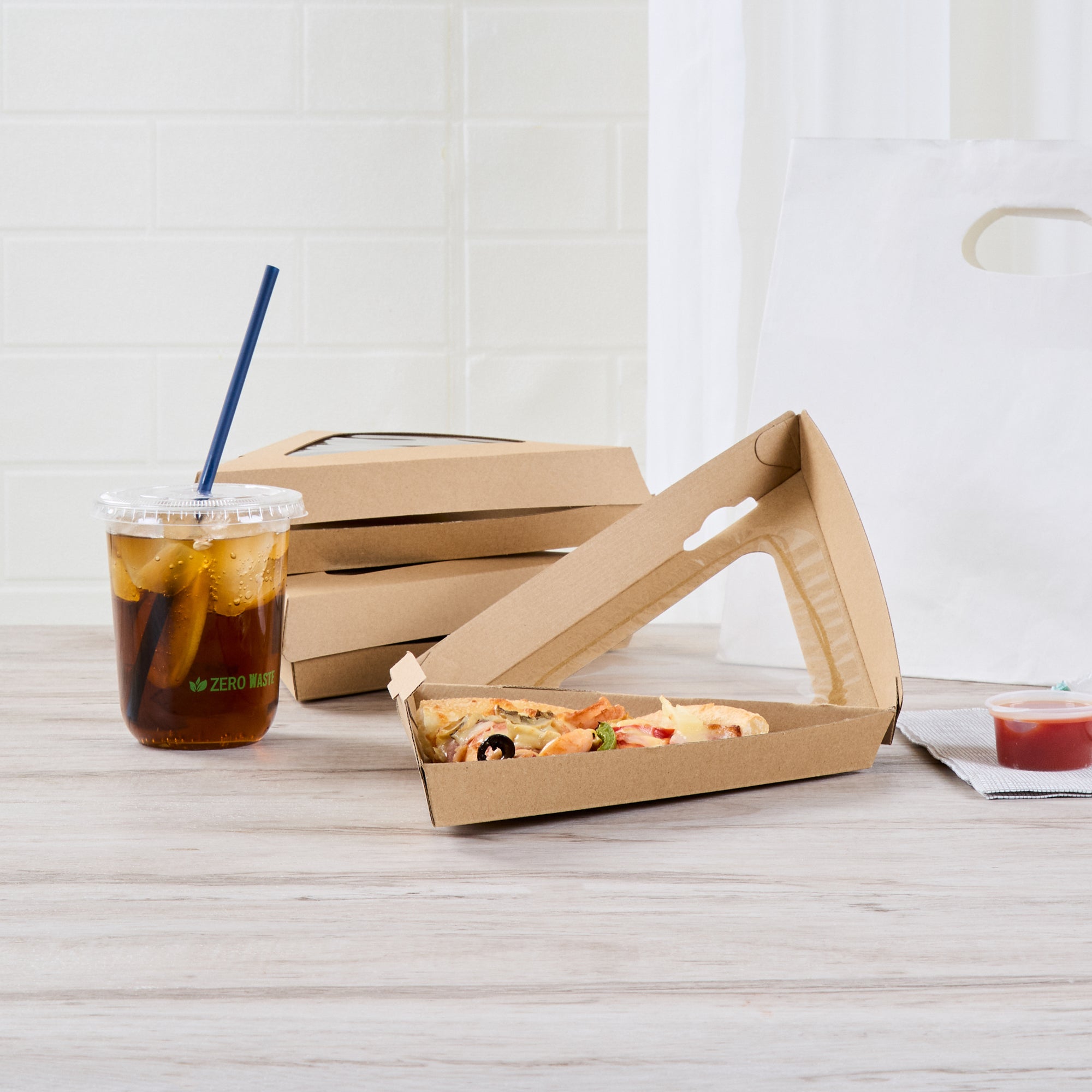 Eco Tek Kraft Paper Corrugated Pizza Slice Box - Clamshell, with PLA Window - 8 1/4" x 9 1/4" x 2" - 100 count box