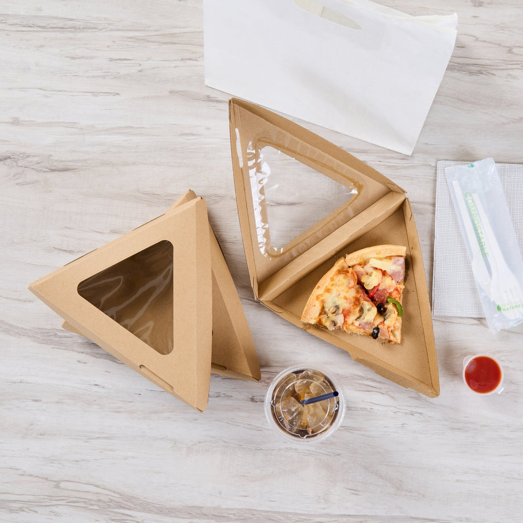 Eco Tek Kraft Paper Corrugated Pizza Slice Box - Clamshell, with PLA Window - 8 1/4" x 9 1/4" x 2" - 100 count box