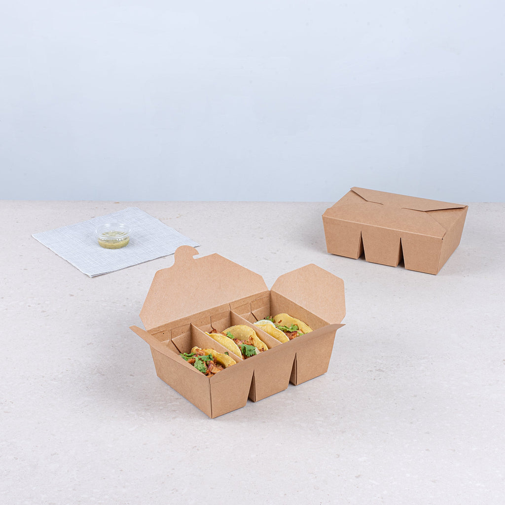 Bio Tek Kraft Paper Taco Take Out Container - 3 Compartments - 7 1/2" x 5 1/2" x 2" - 100 count box