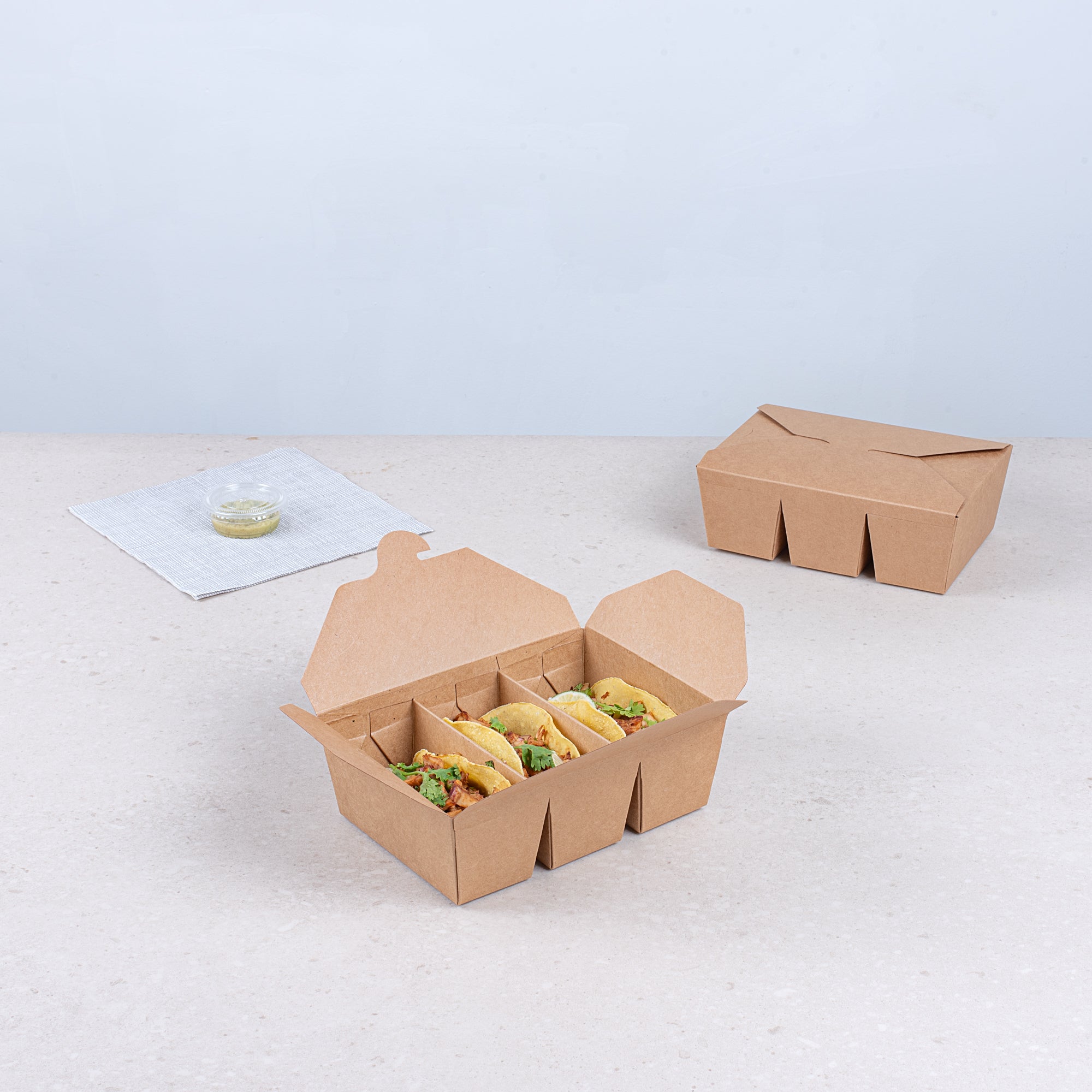 Bio Tek Kraft Paper Taco Take Out Container - 3 Compartments - 7 1/2" x 5 1/2" x 2" - 100 count box