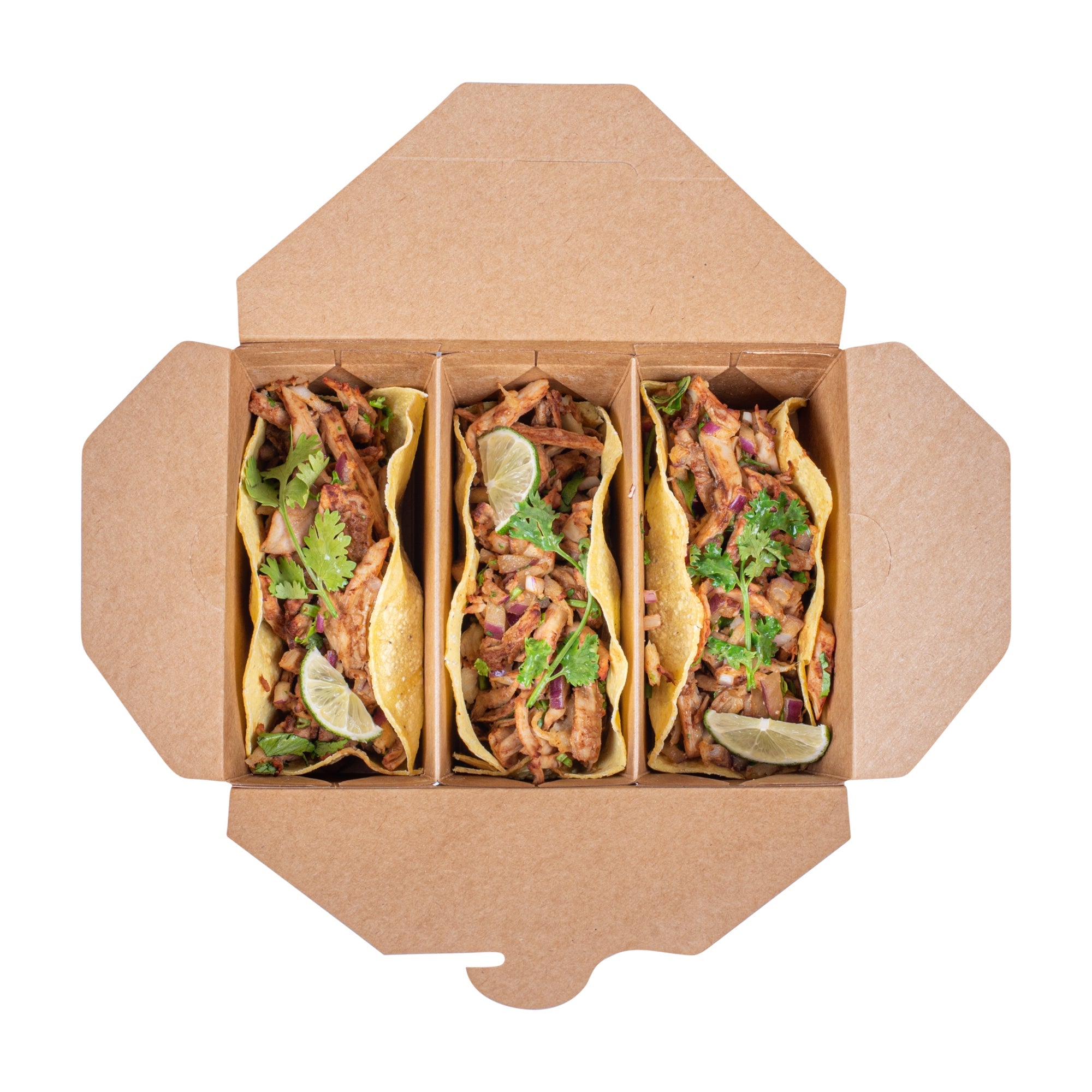 Bio Tek Kraft Paper Taco Take Out Container - 3 Compartments - 7 1/2" x 5 1/2" x 2" - 100 count box