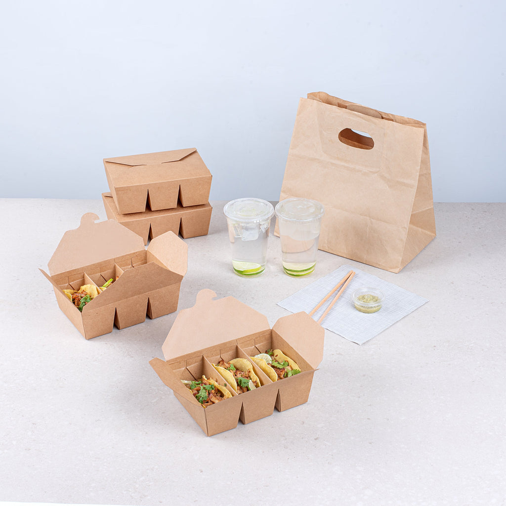 Bio Tek Kraft Paper Taco Take Out Container - 3 Compartments - 7 1/2" x 5 1/2" x 2" - 100 count box
