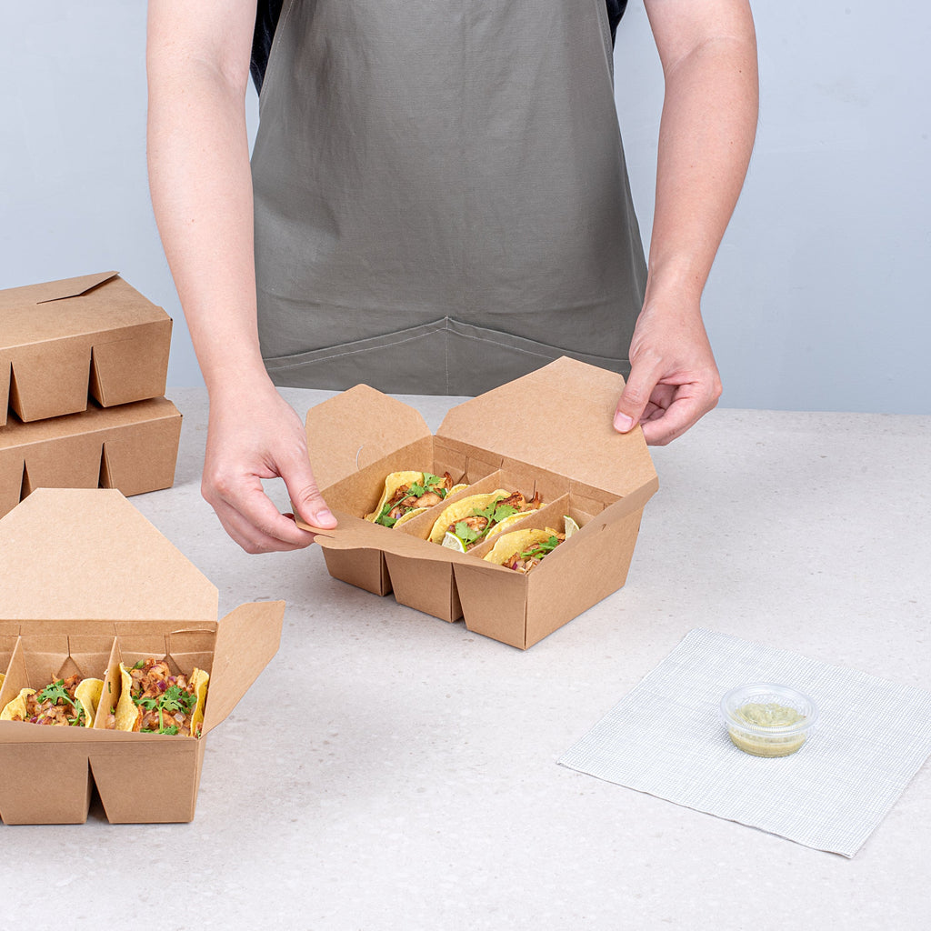 Bio Tek Kraft Paper Taco Take Out Container - 3 Compartments - 7 1/2" x 5 1/2" x 2" - 100 count box