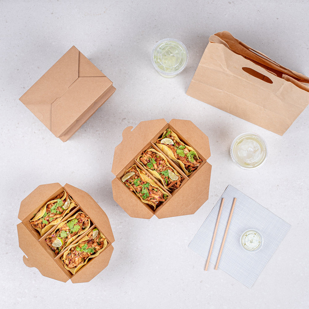 Bio Tek Kraft Paper Taco Take Out Container - 3 Compartments - 7 1/2" x 5 1/2" x 2" - 100 count box