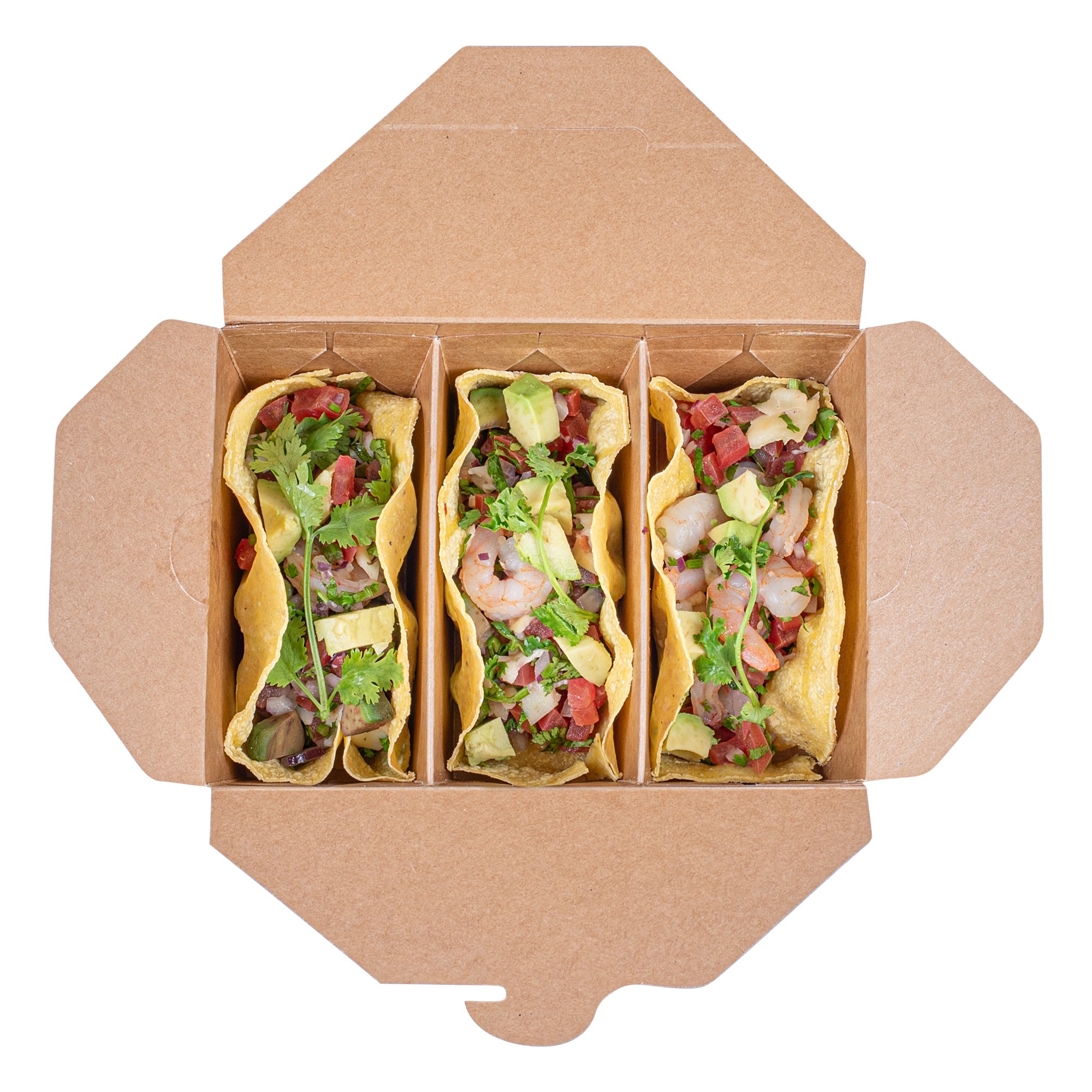 Sustain Kraft Paper Taco Take Out Container - with PLA Lining, Compostable, 3 Compartments - 7 1/2" x 5 1/2" x 2" - 100 count box