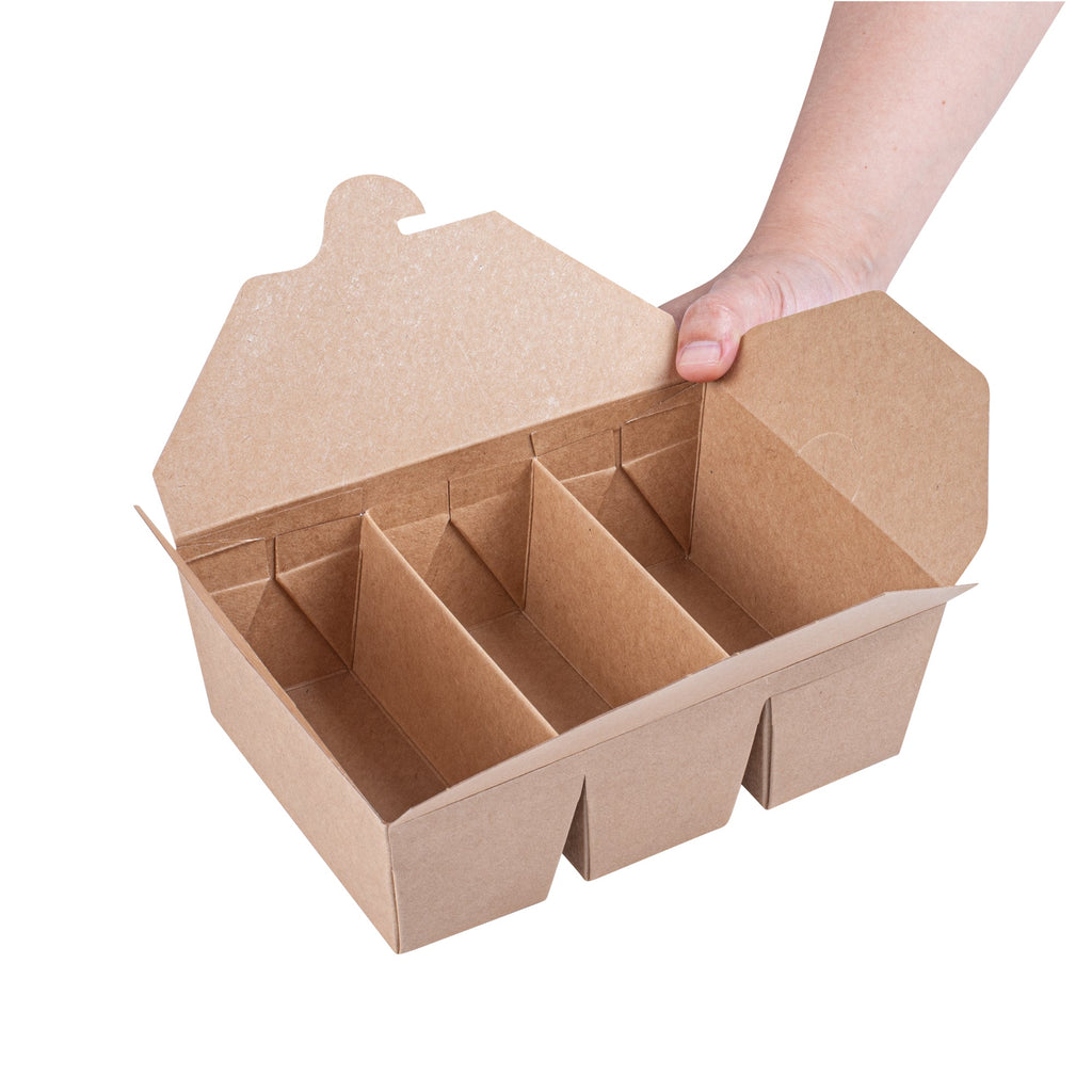 Sustain Kraft Paper Taco Take Out Container - with PLA Lining, Compostable, 3 Compartments - 7 1/2" x 5 1/2" x 2" - 100 count box