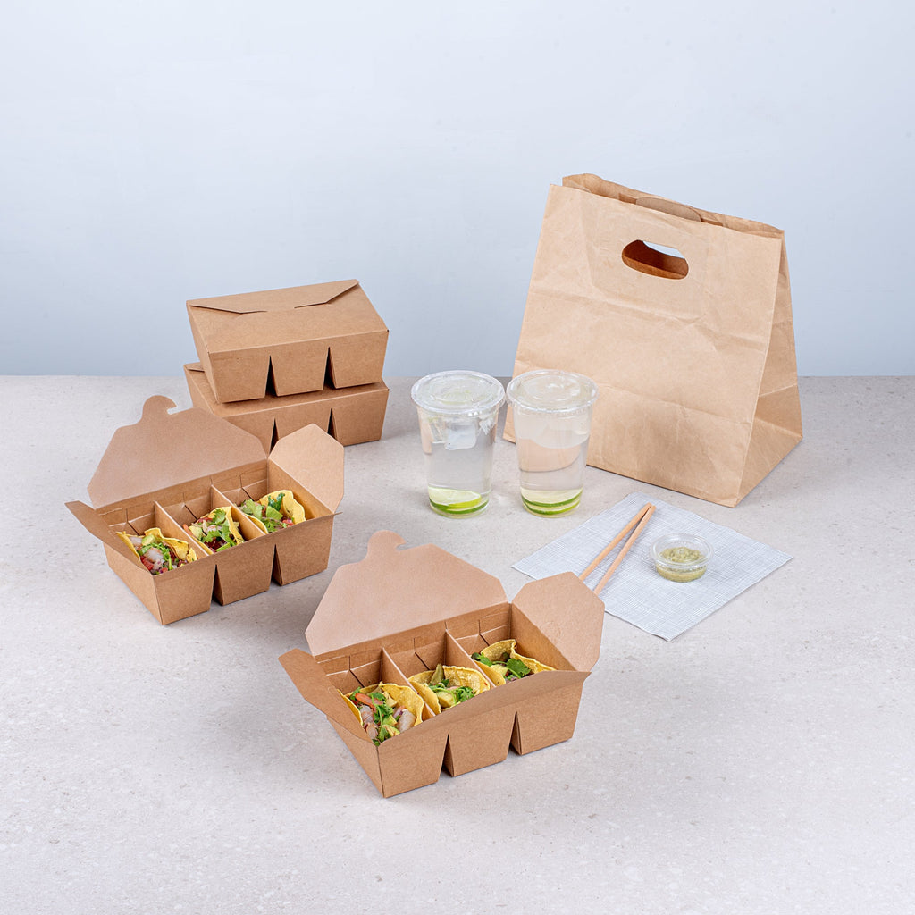 Sustain Kraft Paper Taco Take Out Container - with PLA Lining, Compostable, 3 Compartments - 7 1/2" x 5 1/2" x 2" - 100 count box