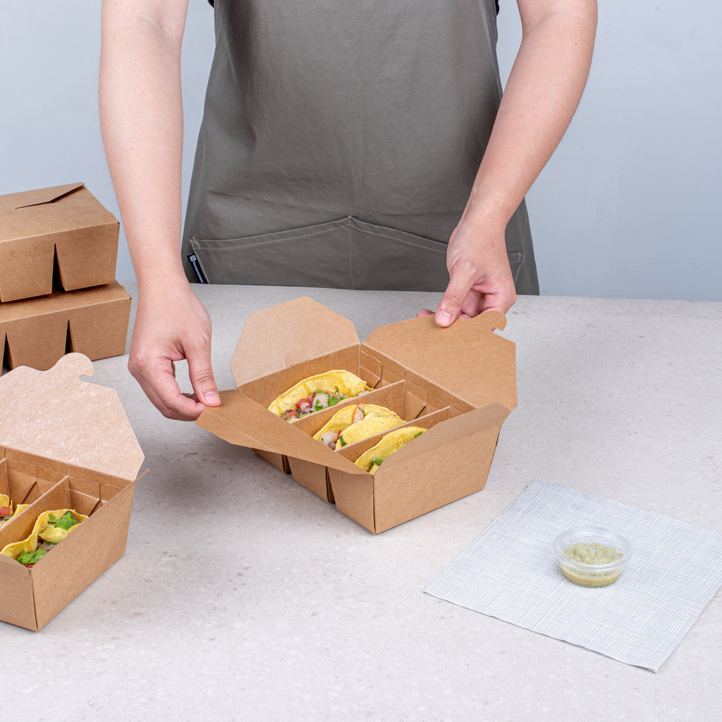 Sustain Kraft Paper Taco Take Out Container - with PLA Lining, Compostable, 3 Compartments - 7 1/2" x 5 1/2" x 2" - 100 count box