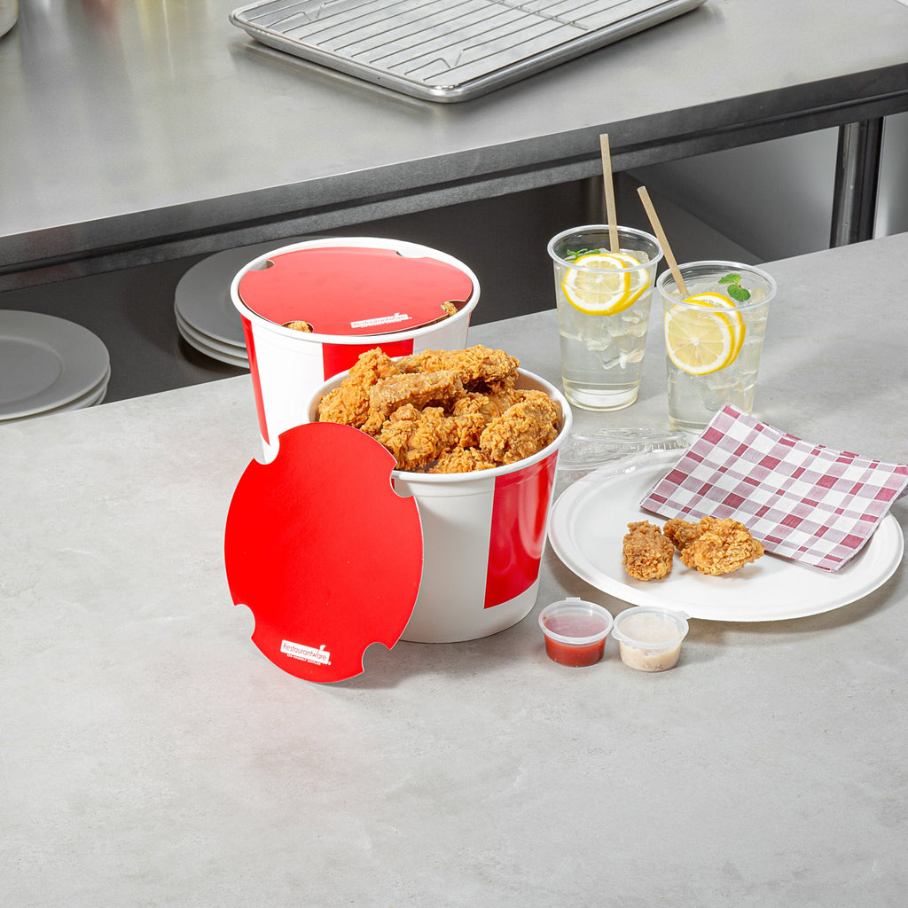 Bio Tek 85 oz Red and White Paper Chicken Bucket - with Lid - 100 count box
