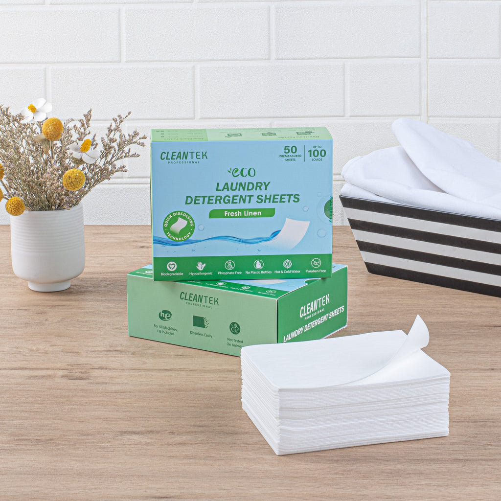 Clean Tek Professional Liquidless Laundry Detergent Sheet - Fresh Linen, Biodegradable, Hypoallergenic - 50 count box