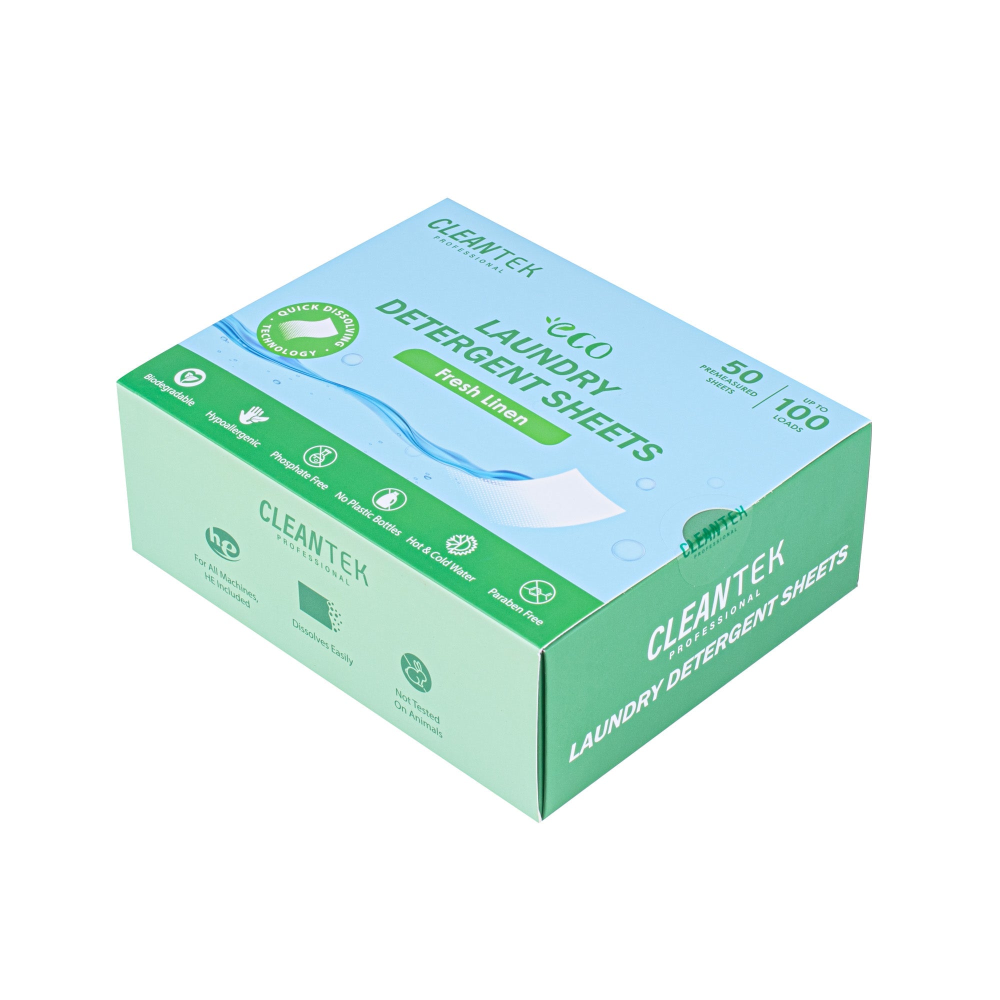 Clean Tek Professional Liquidless Laundry Detergent Sheet - Fresh Linen, Biodegradable, Hypoallergenic - 50 count box