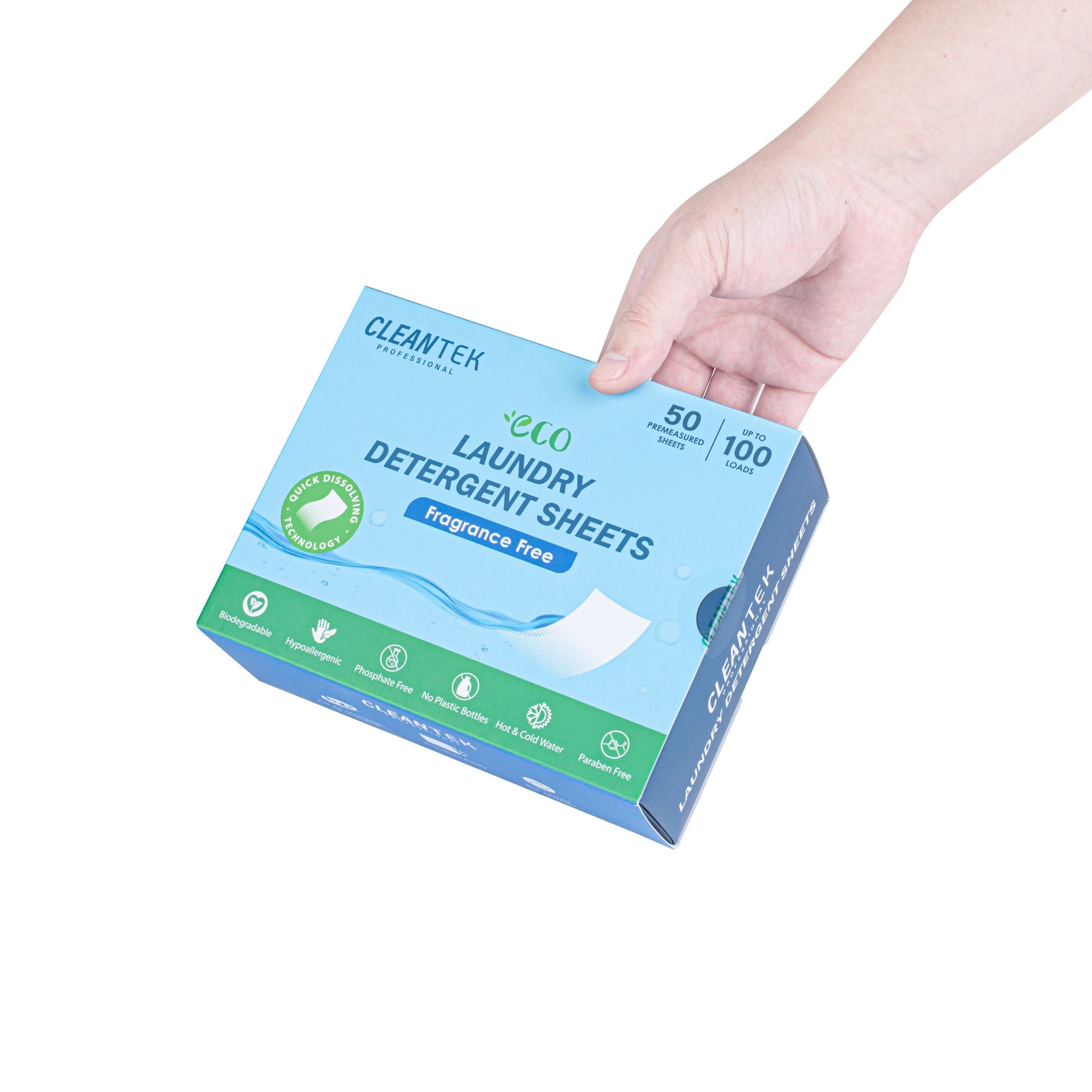 Clean Tek Professional Liquidless Laundry Detergent Sheet - Fragrance Free, Biodegradable, Hypoallergenic - 50 count box