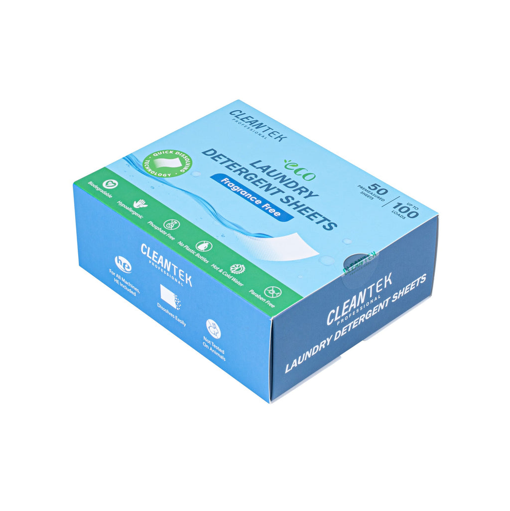 Clean Tek Professional Liquidless Laundry Detergent Sheet - Fragrance Free, Biodegradable, Hypoallergenic - 50 count box